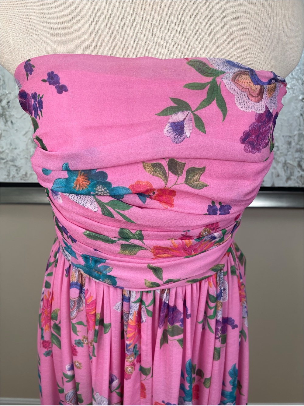 SAU LEE Camille Strapless Floral Ruched Pink Maxi Dress Size 6 - Picture 4 of 11